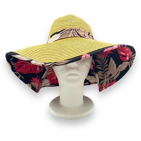 C.C Floppy Wide Brim Tan Straw Sun Hat Floral Pattern Ribbon & Adjustable Ties - Picture 1 of 12